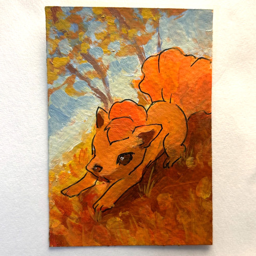 ACEO Original Painting, Vulpix Fall Autumn Pokemon, 2.5x3.5in Art by r4diocat