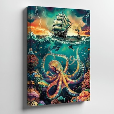 Underwater Octopus Canvas Wall Art Ocean Storm Nautical Sea Life Ship Home Decor