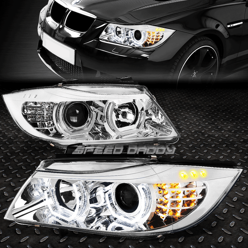 FOR 05-08 BMW E90 3-SERIES CHROME 3D CRYSTAL HALO PROJECTOR HEADLIGHT+LED CORNER - Picture 1 of 12