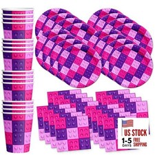 Pink Building Blocks Birthday Party Supplies Set Plates Napkins Cups Kit for 16