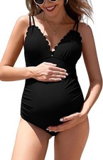 Womens Maternity One Piece Swimsuit Deep Green Size S Scallop Trim Size S