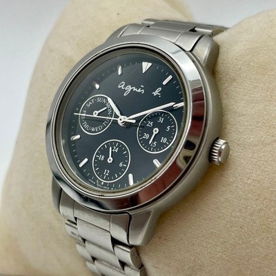 Agnes b. V33J-0010 Multi-Function Stainless Steel Men's Watch Black Dial