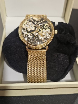 Women's Vintage GUESS Brand Willow Black Japanese Floral Goldtone Watch NWOB