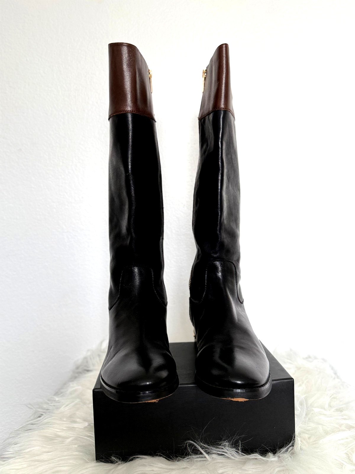 women's Michael Kors Hayley two-toned black and brown leather riding boots thumbnail 7