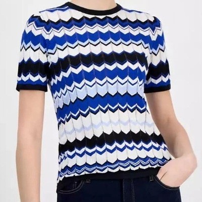 Anne Klein Chevron Stitch Short Sleeve Crewneck Top Santorini Blue Womens M NWT