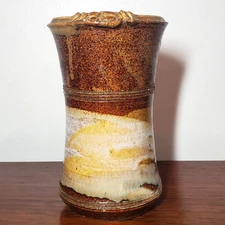 Tonala Mexican folk art pottery, sandstone, Artist signed 'Blue' / 7.75" tall