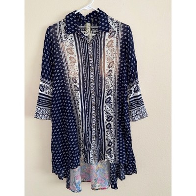Aratta Silent Journey Mixed Print Floral Paisley High Low Button Down Tunic New