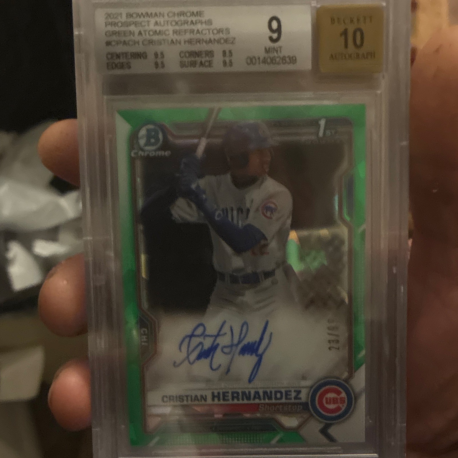 Topps 2021 Bowman Chrome Cristian Hernandez Green Atomic Auto /99 CPA-CH BGS 9 view 4