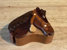 Wooden Carved “Horse Head” Puzzle Trinket Box 5x4” EUC Read