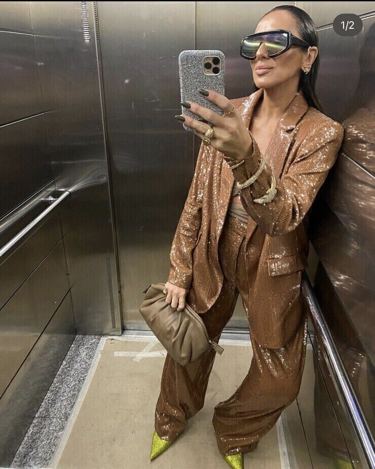 ZARA NEW LIMITED EDITION SEQUINNED BEIGE STRAIGHT CUT LAPEL