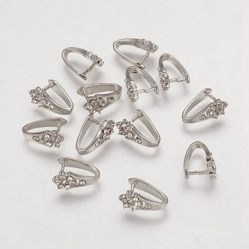 50 pcs Platinum Flower Brass Snap On Bails with Rhinestones Findings 13.5x6.5mm - 第 2/3 張圖片