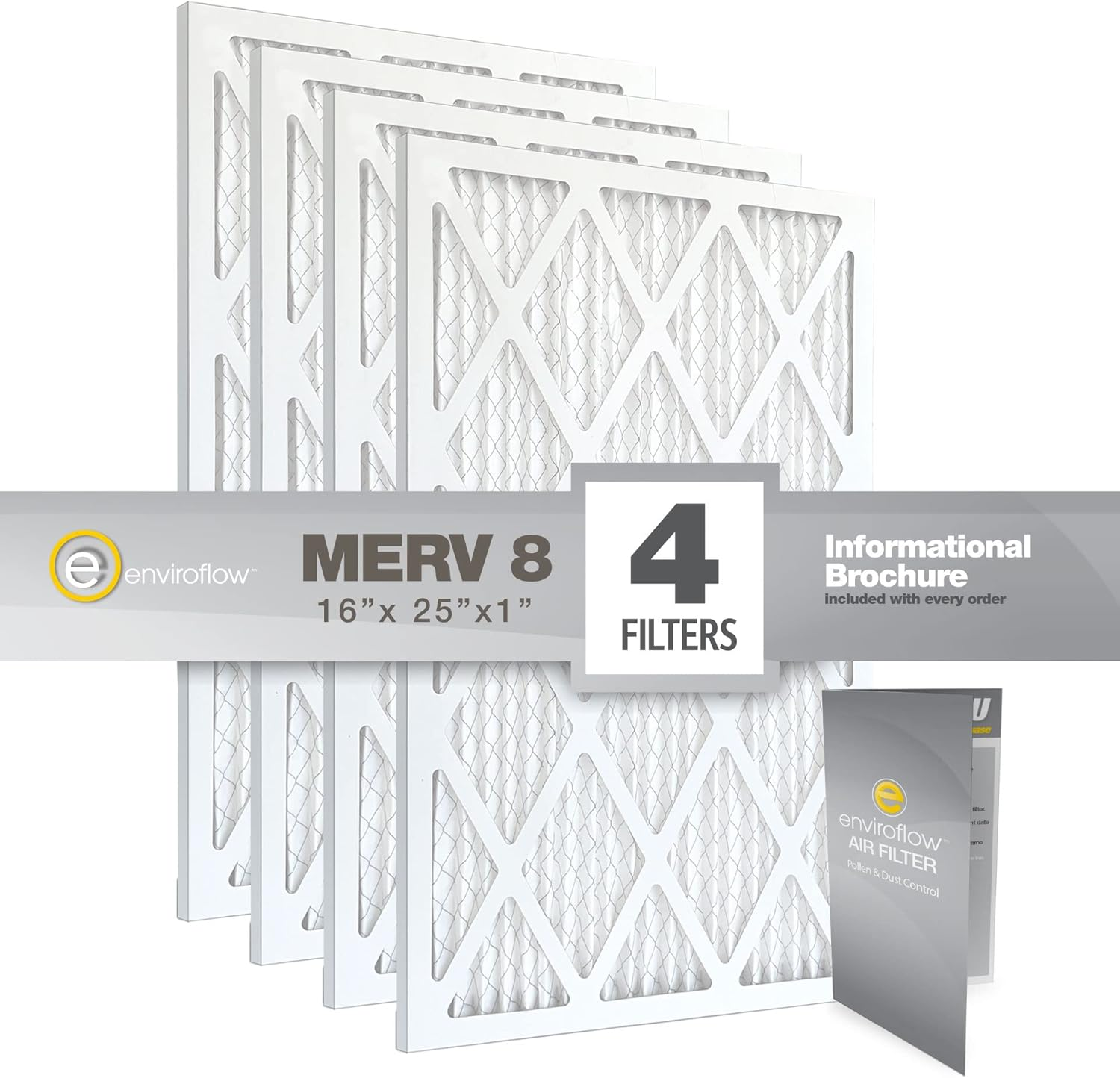 16X25X1 MERV 8 Pleated Air Filter for AC and Furnace Pollen Dust Control