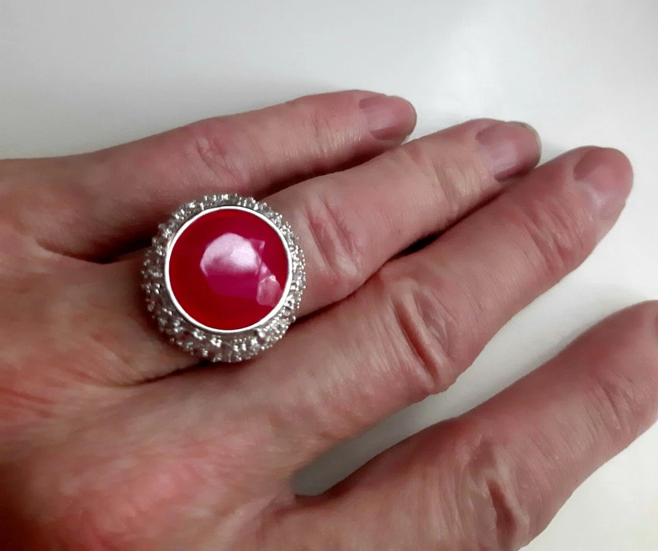Messing Ring rhodiniert mit Himbeer Chalcedon°. - Bild 4 von 4