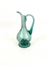 Swirled Hand Blown Green Art Glass Vase Pitcher With Applied Handle 6.5"