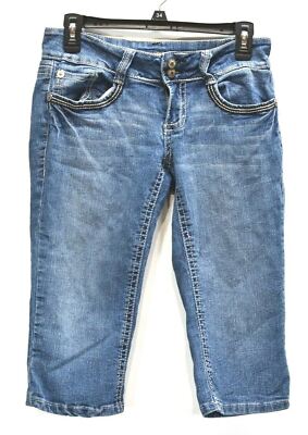 YMI Jeans Juniors Medium Wash Straight Leg 2 Button 5 Pocket Denim Blue Capris 5