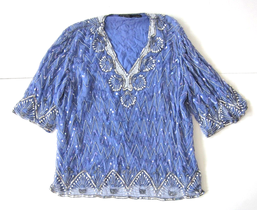 Vintage Megere 100% Silk Purple Blue Silver Pearl Beaded Sequined Blouse XL
