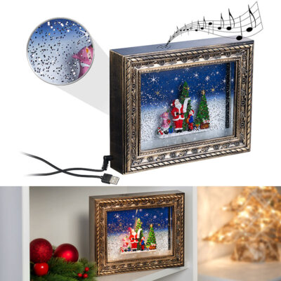 infactory Weihnachts-Bilderrahmen ''Bescherung'' mit LEDs, Schneewirbel und Musik