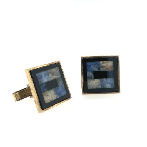 Vintage Gold Toned Sterling Silver Onyx Mosaic In… - image 1