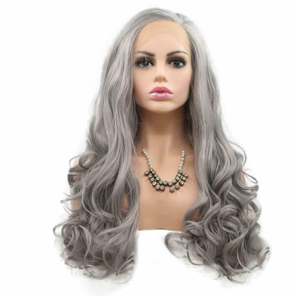 28 inch Silver Gray Lace Front Wig Long Body Wave Synthetic  display picture 1