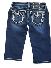 Miss Me Girls Size 10 Blue Denim Bermuda Shorts Bling Fleur-de-lis Pockets EUC