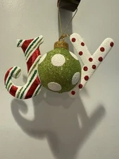 Pier 1 One VTG “JOY” Ornament STRIPES DOTS Glitter Christmas Tree RARE HTF EUC