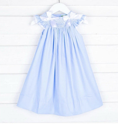 Classic Whimsy Blue Smocked Bishop Dress with Bows & Flutter Sleeves Size 5