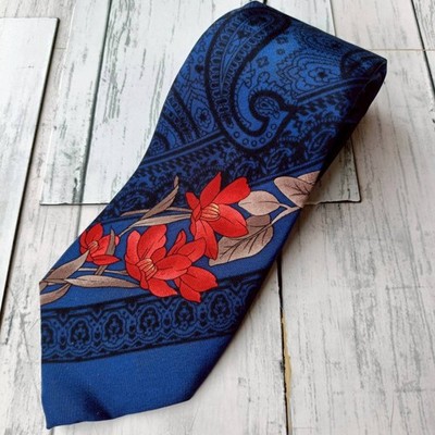 LEONARD PARIS Silk Blue Floral Paisley Tie Made in Italy From Japan