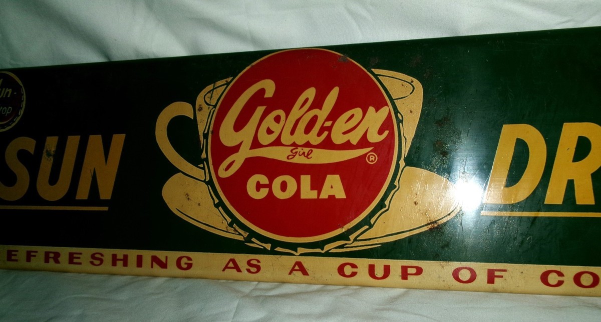 ANTIQUE SUN DROP GOLDEN COLA SODA METAL COFFEE CUP STORE ART