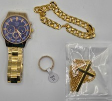 4pcs Men's Watch Set Golden Stainless Steel Quartz Date Bracelet Necklace Ring