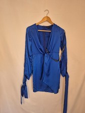 PrettyLittleThing Size 6 Blue Satin Mini Dress Split Sleeve NWT FN1