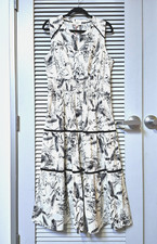 cream/ black floral print tiered long dress L