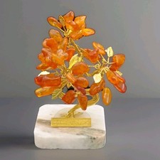Árbol Bonsai Ámbar - Base de Piedra Bursztyn Pulida - Escultura de Alambre - Árbol de la Felicidad