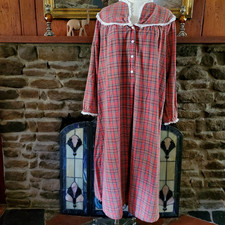 Vintage Lanz of Salzburg Cotton Flannel Nightgown Large Red Tartan Plaid Flawed