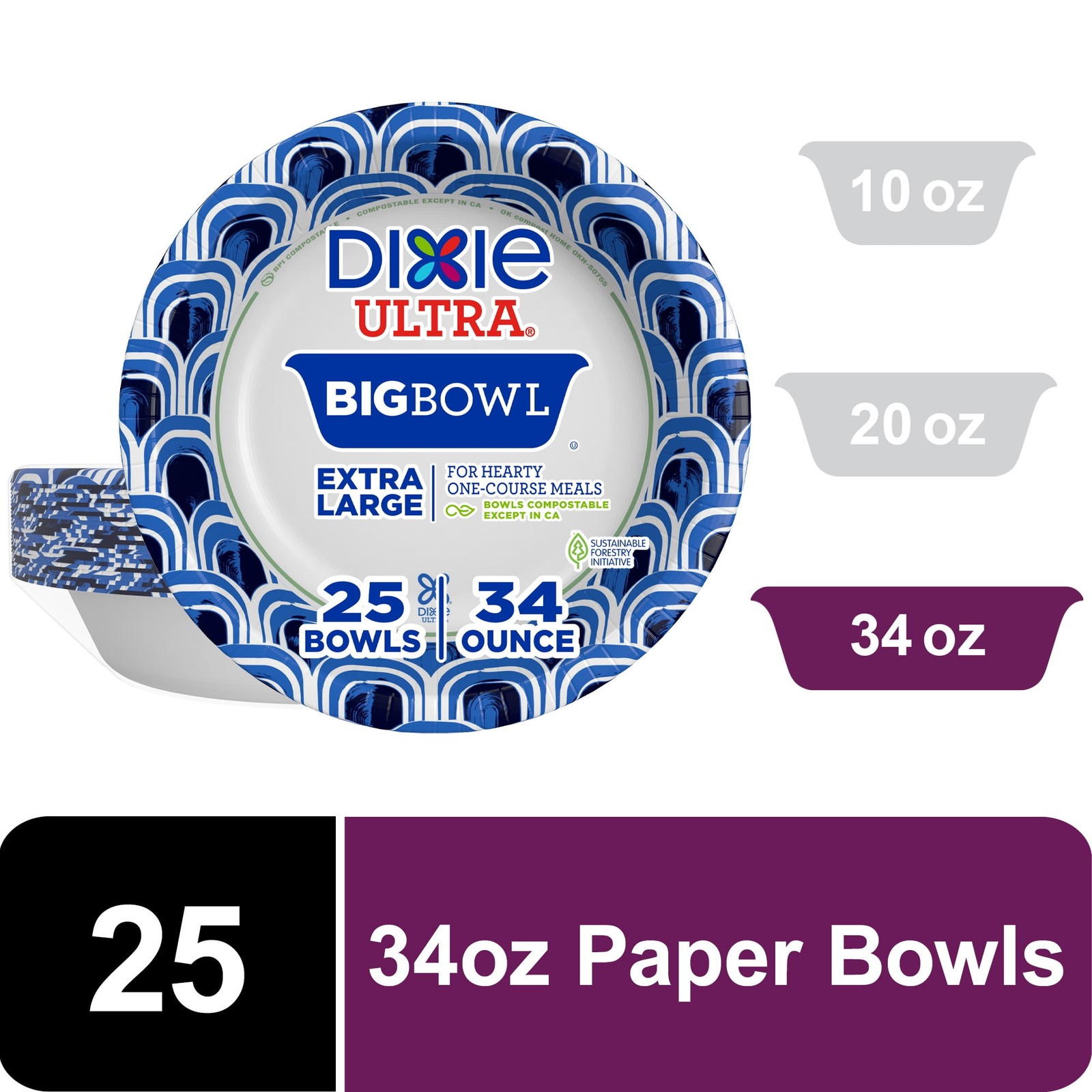 Dixie Ultra Big Bowl Disposable Paper Bowls, 34 oz, Multi-Color, 25 Count