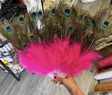 Colourful Peacock Marabou Feather Hand Fan Dance Folding Vintage Fancy Dress