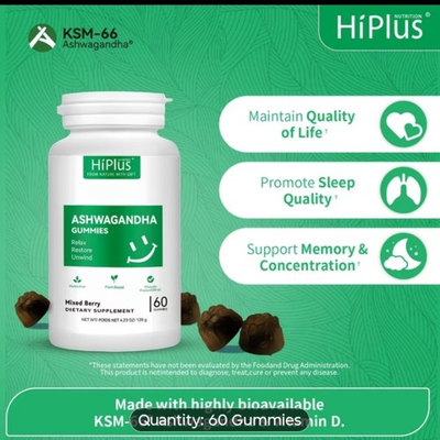 #ad Hiplus Ashwaganda Ksm 66 Gummy 4 Pack Mixed Berry 🫐 Flavor 4 Month Supply $36.00