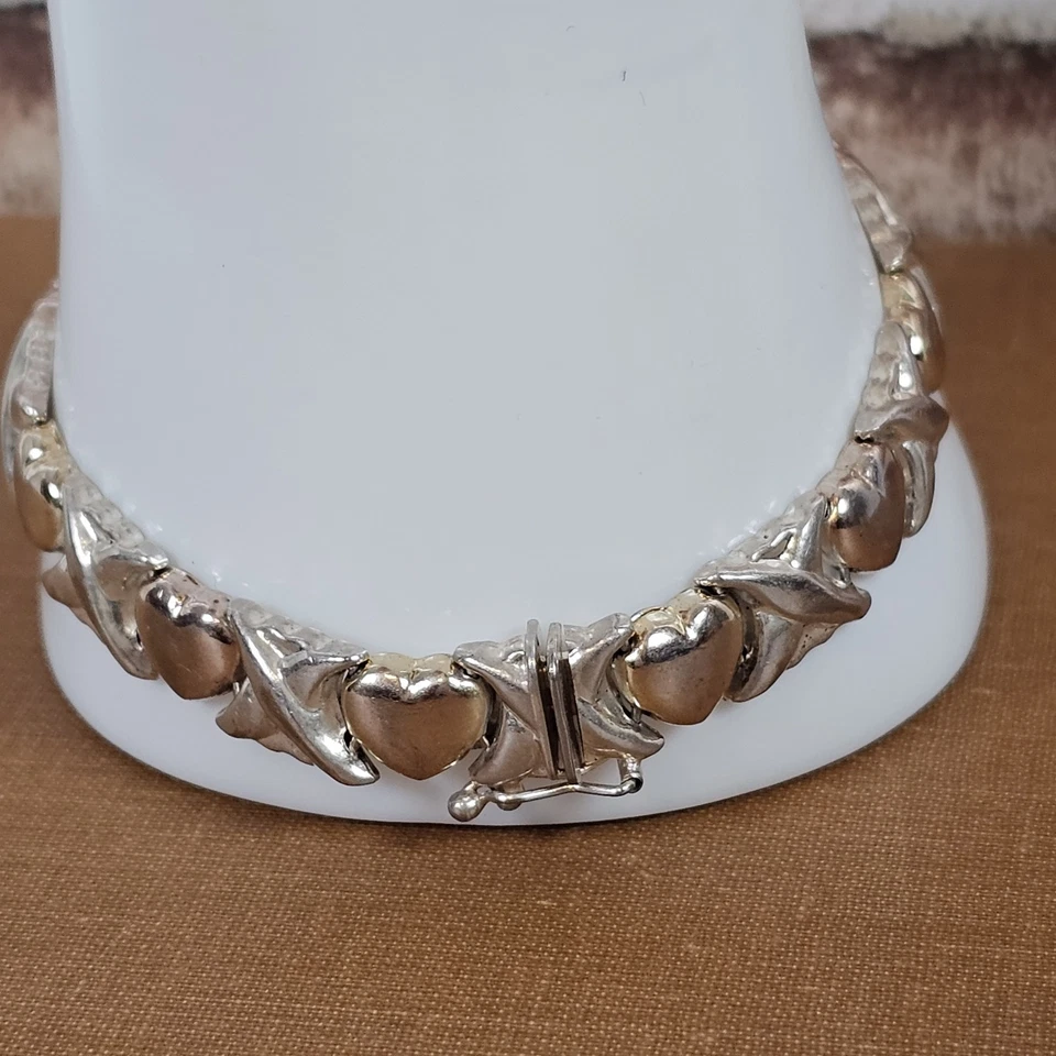 Pulsera Italia IBB 925 Plata de Ley y Oro Tono Corazón Eslabones 7.25" 10mm Foto 4 de 4