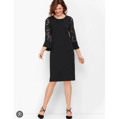 RSVP by Talbots Black Shift Cocktail Dress 12P Crepe and Lace Long Sleeve Sheath