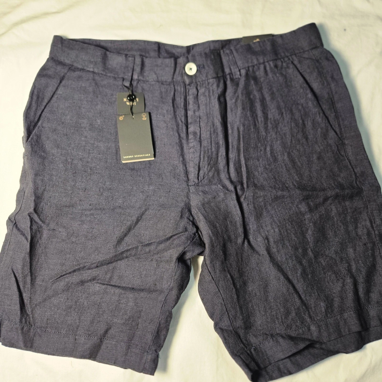 Porter & Ash 100% Linen Shorts Navy Blue Premium Collection Size 34 NWT
