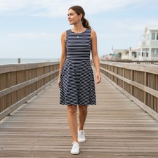 Talbots Navy White Stripe Fit & Flare Dress Small 100% Cotton Sleeveless