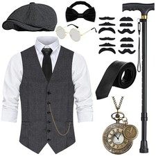 1920s Fancy Dress Mens Waistcoat with Accessories, Folding Crutch Pocket Watch Ba...