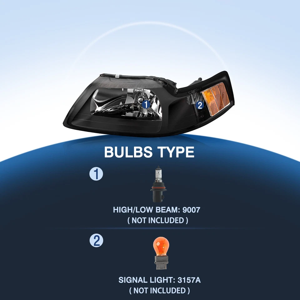 For 1999-2004 Ford Mustang Black Housing Headlights Headlamps Pair Left+Right - Image 2 of 4
