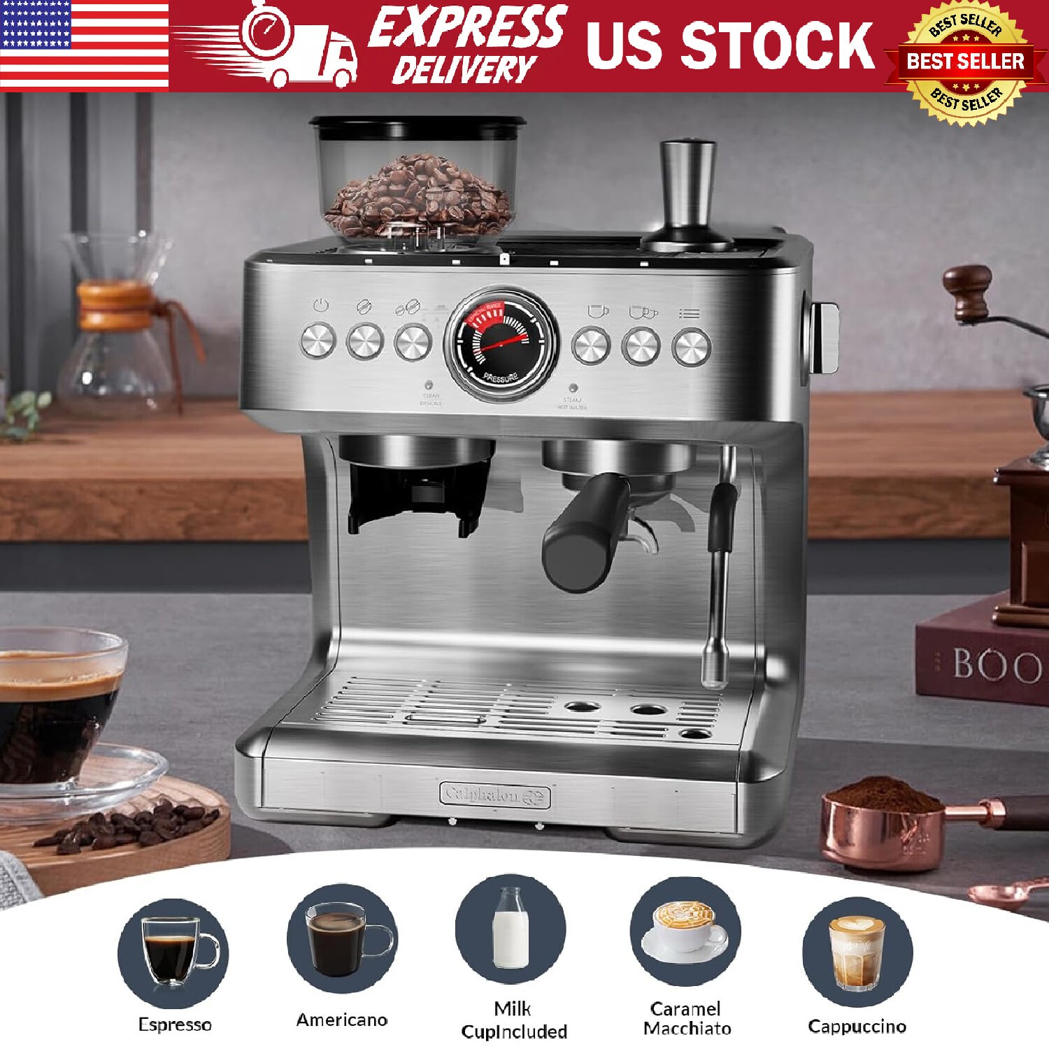 20 Bar Espresso Machine,Professional Coffee Maker with Grinder and Milk Frother