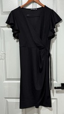 OTEN Black Wrap Dress Short Flutter Ruffle Sleeve Knee Length V-Neck XL