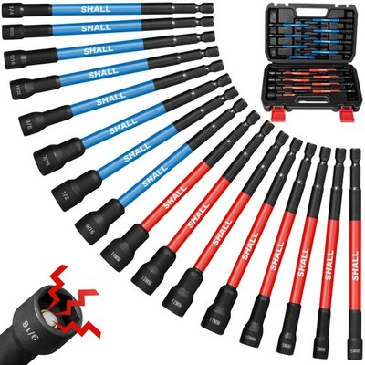Magnetic Nut Driver Set 16pc 6 Inch SAE Metric Impact Drill Bit Holder 1/4 Hex S
