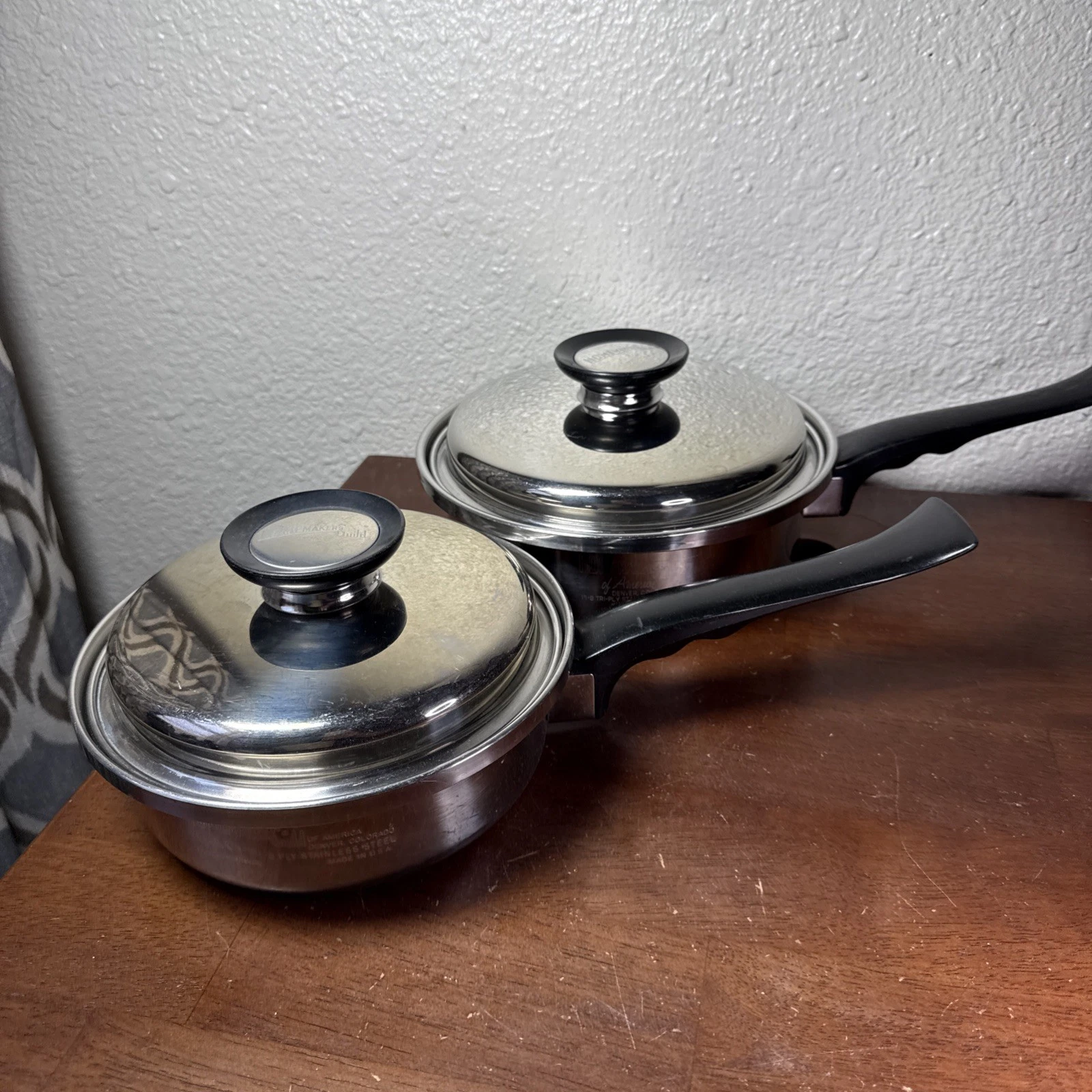 2 VTG Homemakers Guild 18-8 Tri-Ply Stainless Steel W/ Lids 9” & 7” Pans Clean