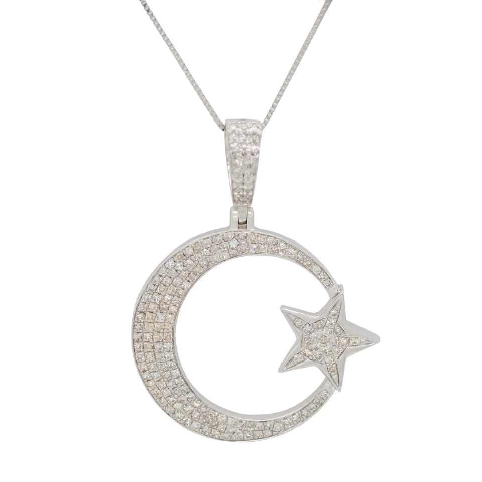 Cluster Diamond Moon & Star Pendant 14k White Gold 20" Necklace - 0.35ctw - Image 2 of 4