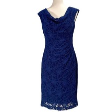 Lauren Ralph Lauren Lace Cowl Neck Dress Womens Size 8 Blue Cap Sleeve Stretch