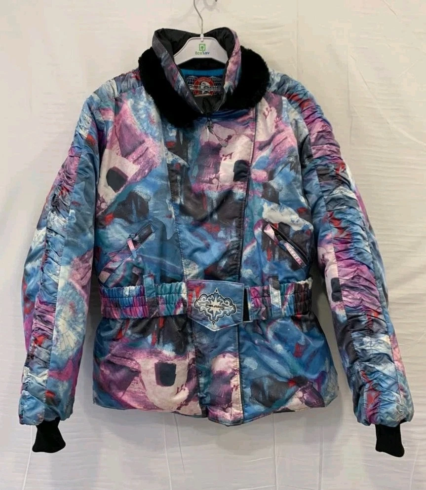 Vtg Polaris Snowmobile Jacket Womens L USA Made Colorful Ski Snow Belted #152