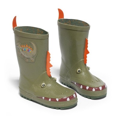 Kidorable Dinosaur Rain Boots, Green, Natural Rubber with Orange Dinosaur Tai...